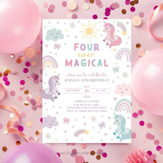 Unicorn 4th Birthday Invitation. Editable Rainbow  Invitation
