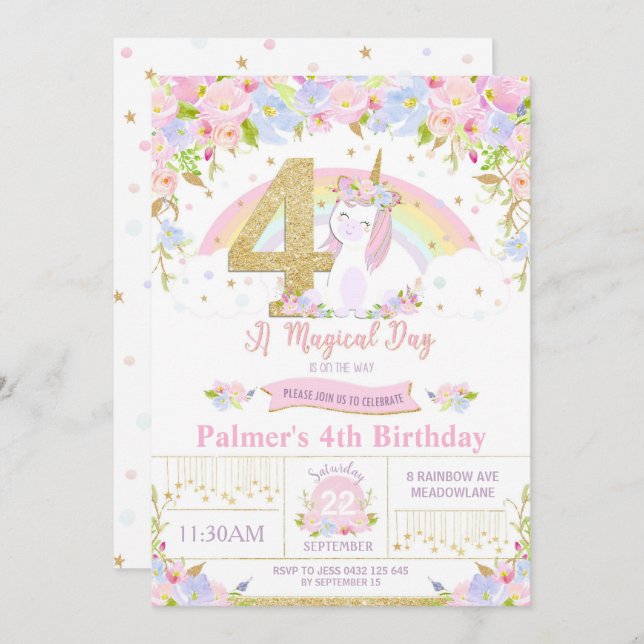 Unicorn 4th Birthday Invitation Floral Rainbow (Front/Back)