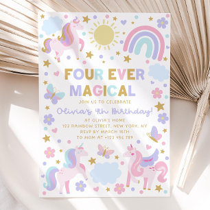 Unicorn 4th Birthday Invitation, Four Ever Magical Invitation