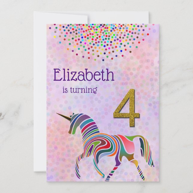 Unicorn 4th birthday invitation glitter confetti (Front)