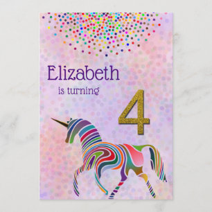 Unicorn 4th birthday invitation glitter confetti