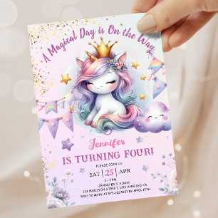 Unicorn 4th Birthday Invite Girl Pink & Gold