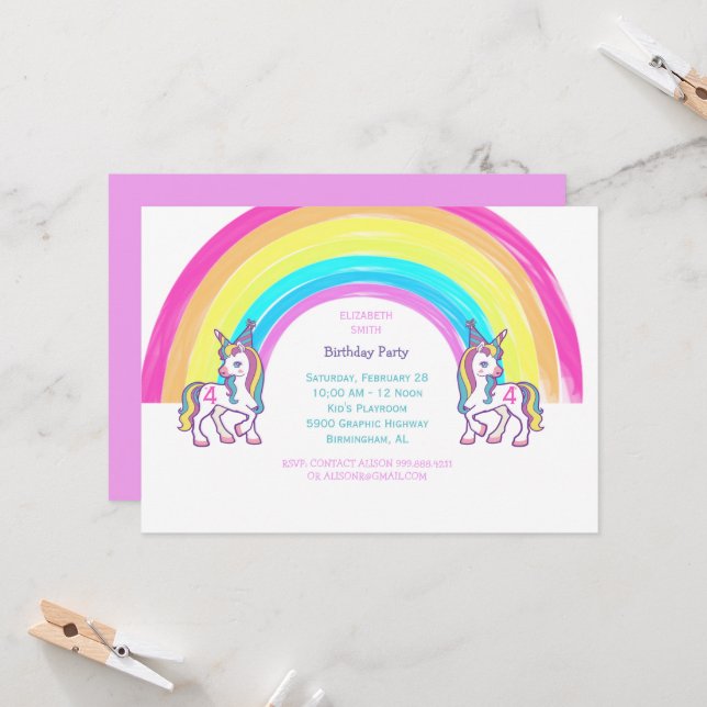 Unicorn 4TH Birthday Party Invitation (Front/Back In Situ)