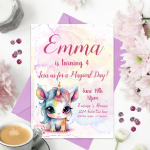 Unicorn 4th Birthday, Unicorn Party                Invitation