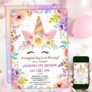 Unicorn 5th Birthday Colourful Floral Rainbow Invitation
