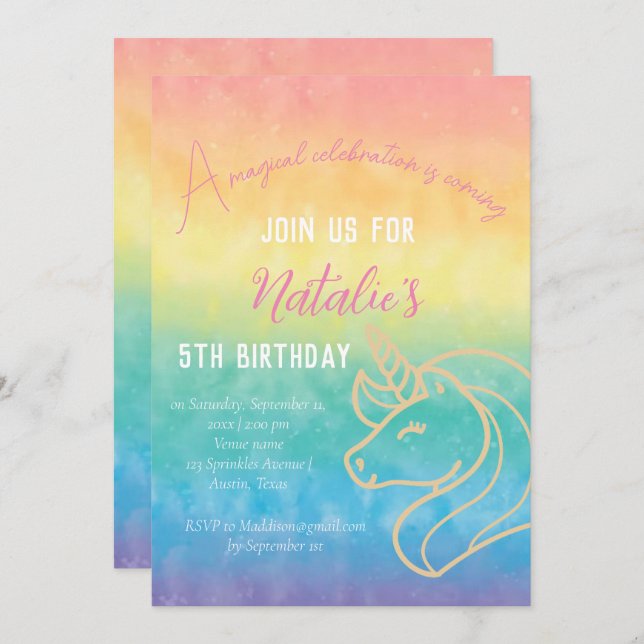 Unicorn 5th Birthday Girl Pink Magical Fifth Invitation (Front/Back)