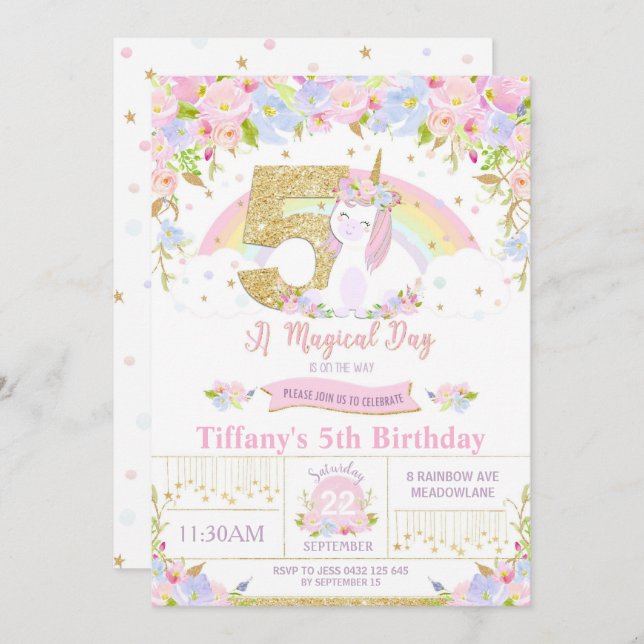 Unicorn 5th Birthday Invitation Floral Rainbow (Front/Back)