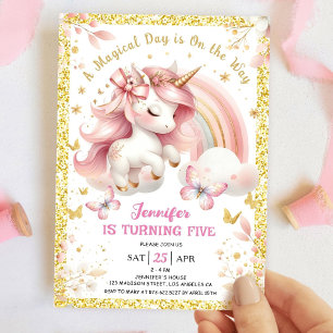 Unicorn 5th Birthday Party Girl Blush Pink & Gold Invitation