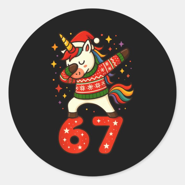 Unicorn 67 Meme Six Seven Funny Christmas  Classic Round Sticker (Front)