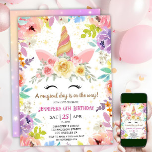 Unicorn 6th Birthday Colourful Floral Rainbow Invitation