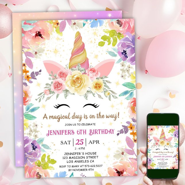 Unicorn 6th Birthday Colourful Floral Rainbow Invitation (#UnicornBirthdayInvitation #UnicornBirthdayInvitationTemplate #UnicornBirthdayInvitationEditable)