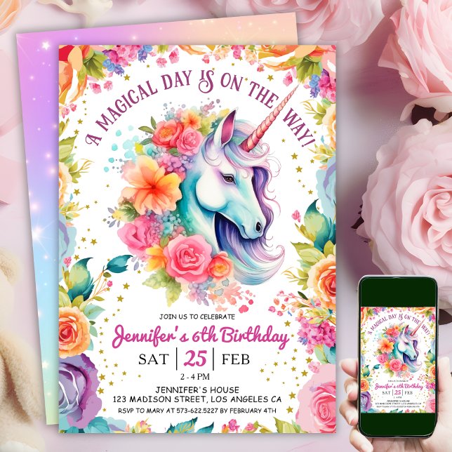 Unicorn 6th Birthday  Floral Rainbow and Stars Invitation (#UnicornBirthdayInvitation #UnicornBirthdayInvitationTemplate #UnicornBirthdayInvitationEditable )