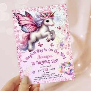 Unicorn 6th Birthday Girl Pink Purple Glitter Invitation