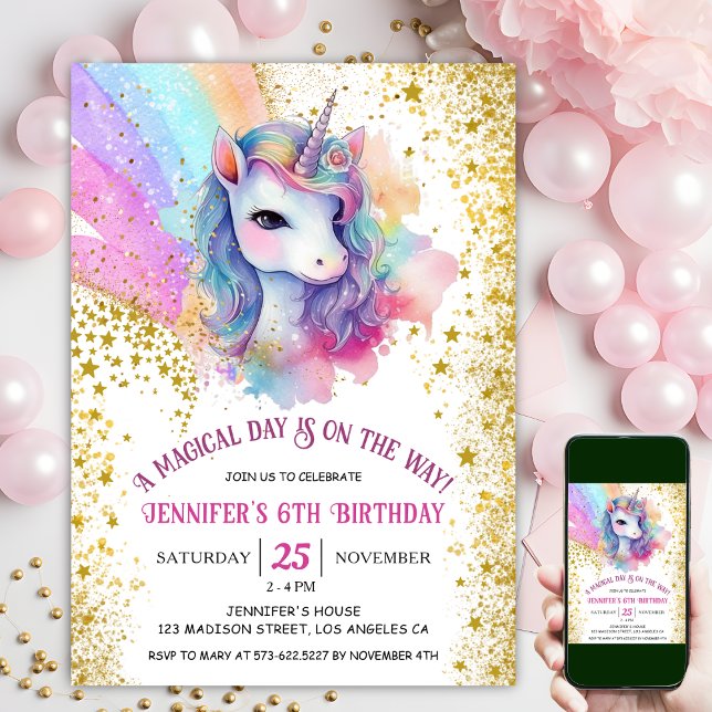 Unicorn 6th Birthday | Gold Glitter Rainbow  Invitation (#UnicornBirthdayInvitation #UnicornBirthdayInvitationTemplate #UnicornBirthdayInvitationEditable)