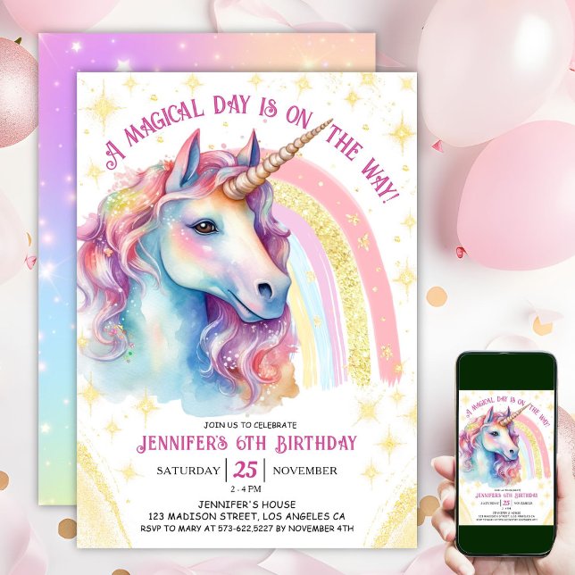 Unicorn 6th Birthday Gold Pink Magical Rainbow Invitation (#UnicornBirthdayInvitation #UnicornBirthdayInvitationTemplate #UnicornBirthdayInvitationEditable)