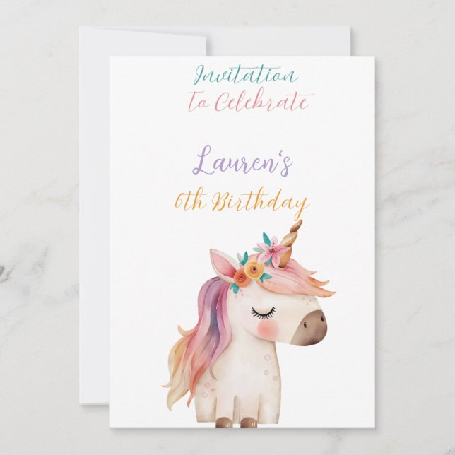 Unicorn 6th birthday Invitation  (Front)