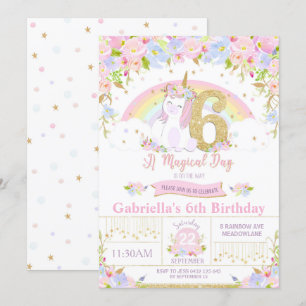 Unicorn 6th Birthday Invitation Floral Rainbow