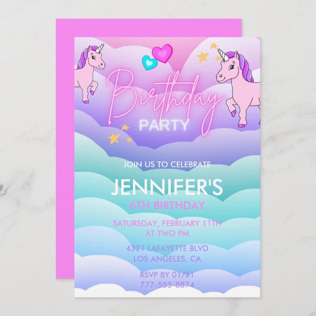 Unicorn 6th birthday invitations Purple Pink (Front/Back)
