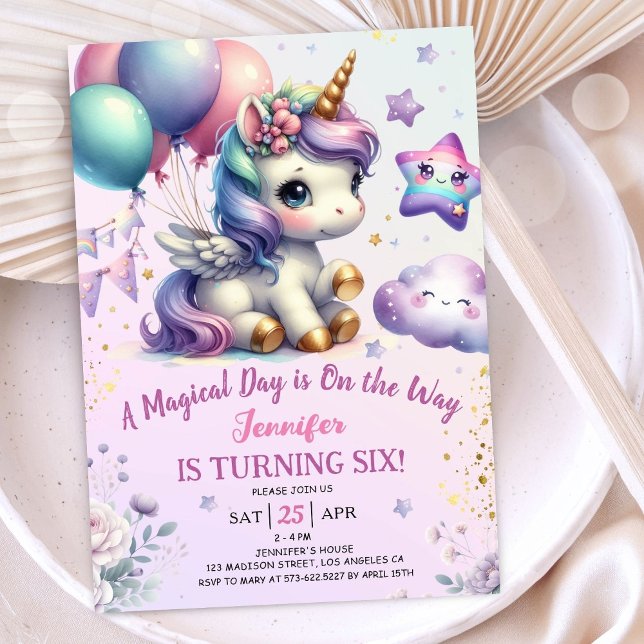 Unicorn 6th Birthday Invite Girl Purple & Gold (#UnicornBirthdayInvitation #UnicornBirthdayInvitationTemplate #UnicornBirthdayInvitationEditable)