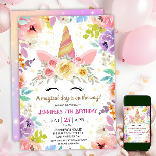 Unicorn 7th Birthday Colourful Floral Rainbow Invitation