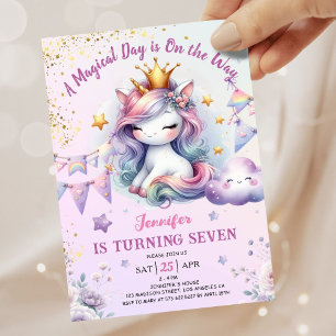 Unicorn 7th Birthday Invite Girl Pink & Gold
