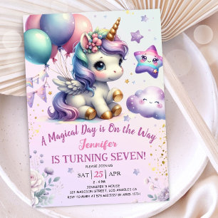 Unicorn 7th Birthday Invite Girl Purple & Gold