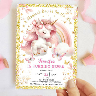 Unicorn 7th Birthday Party Girl Blush Pink & Gold Invitation
