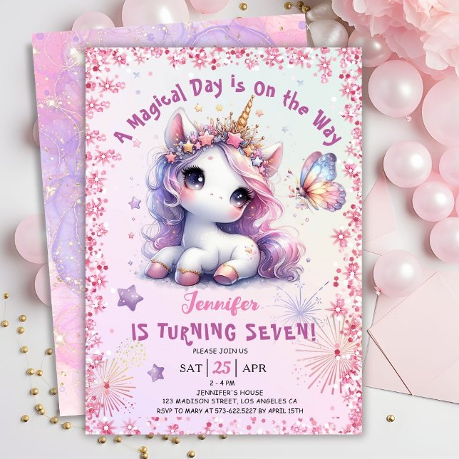 Unicorn 7th Birthday Party Girl Pink Purple  Invitation (#UnicornBirthdayInvitation #UnicornBirthdayInvitationTemplate #UnicornBirthdayInvitationEditable

)