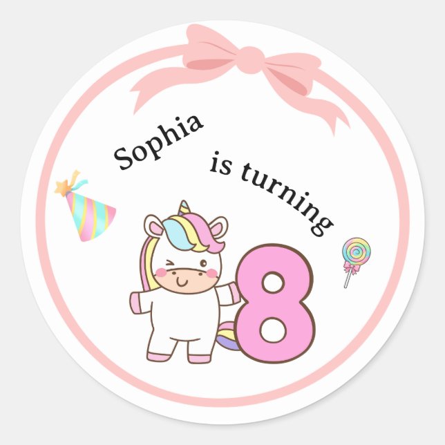 Unicorn 8 Birthday Sticker Pack Cute Party Design (Front)