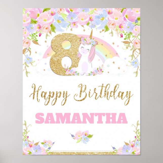 Unicorn 8TH Birthday Party Welcome Poster Sign (Front)