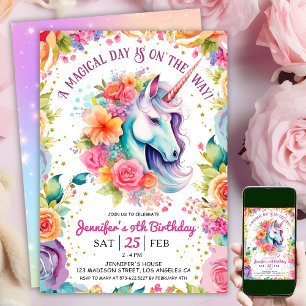 Unicorn 9th Birthday Floral Rainbow and Stars Invitation