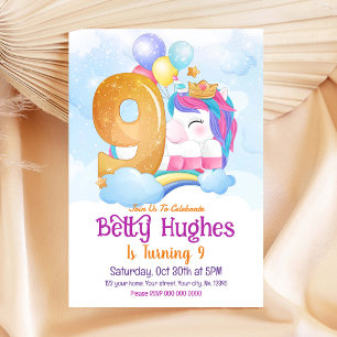 Unicorn 9th Birthday Invitation