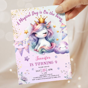 Unicorn 9th Birthday Invite Girl Pink & Gold
