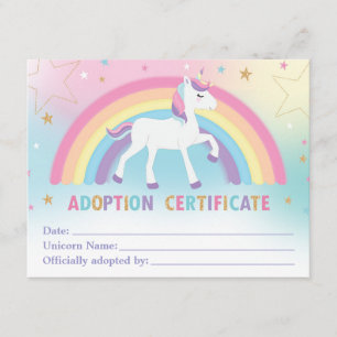 Unicorn Adoption Certificate Birthday Party Favour