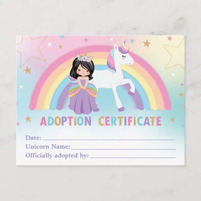 Unicorn Adoption Certificate Birthday Party Favour (Front)