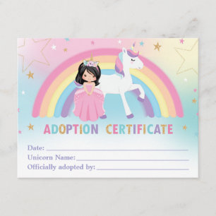 Unicorn Adoption Certificate Birthday Party Favour