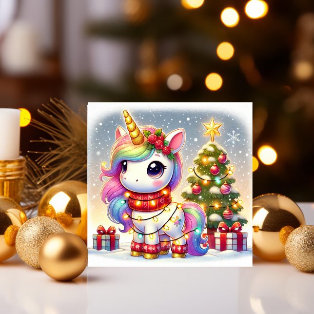 Unicorn Adorned with Lights by the Christmas Tree Holiday Card (Creator Uploaded)