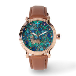 UNICORN AMONG BLUE FLOWERS Aqua Blue Green Floral Watch