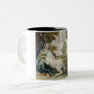Unicorn and a Young Woman (by Domenichino) Two-Tone Coffee Mug