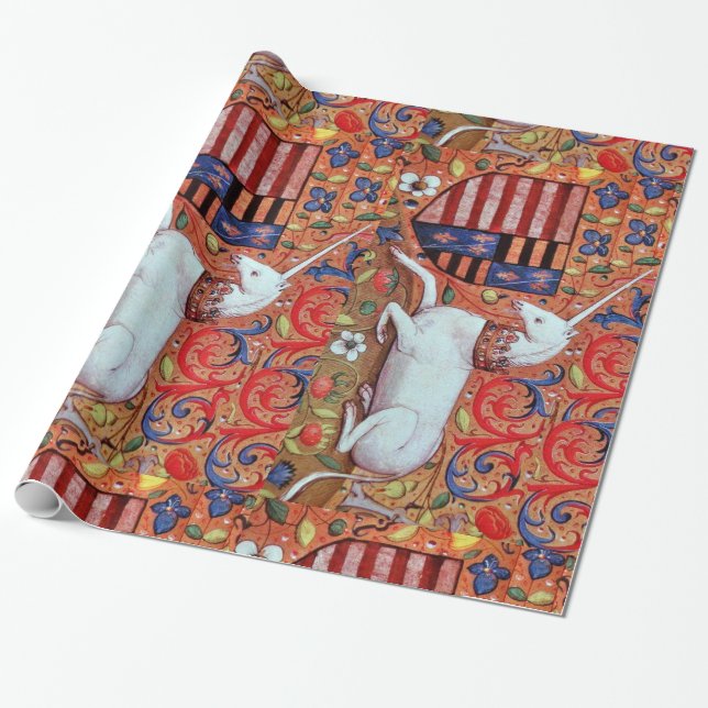 UNICORN AND ANTIQUE FLORAL MOTIFS WRAPPING PAPER (Unrolled)