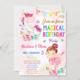 Unicorn and Ballerina birthday invitation for girl