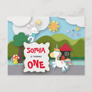 Unicorn and Bunny First Birthday Invitation Postcard