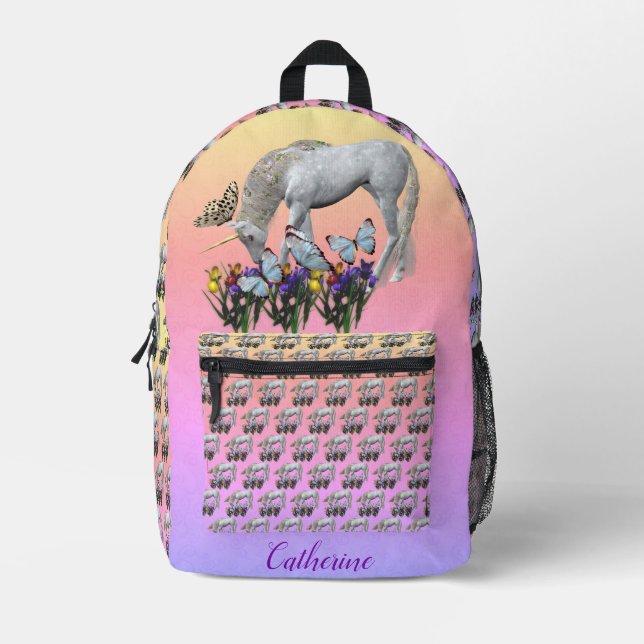 Unicorn And Butterflies Animal Personalised Printed Backpack (Front)