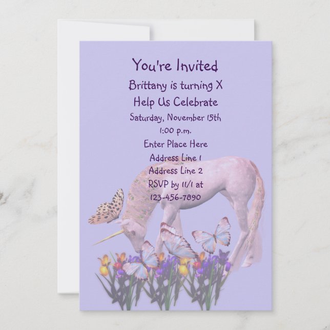 Unicorn And Butterflies Birthday Party Invitation (Front)