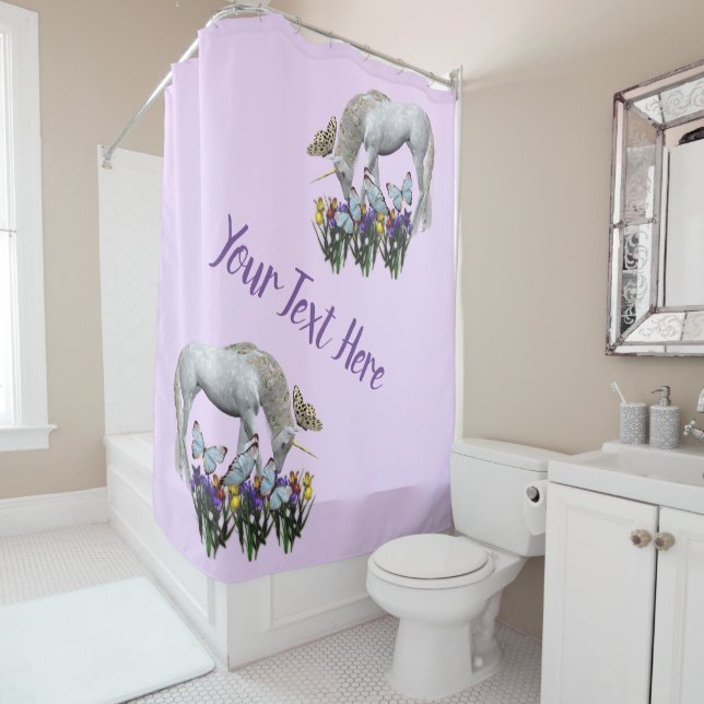Unicorn And Butterflies Fantasy Personalised Shower Curtain (In Situ)