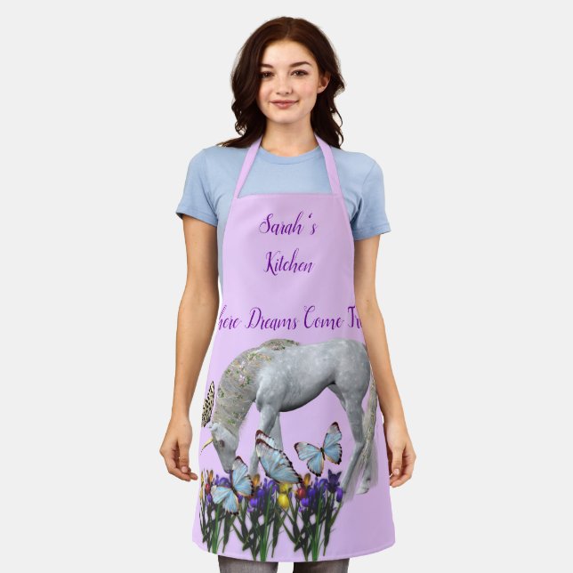 Unicorn And Butterflies Personalised Apron (Worn)