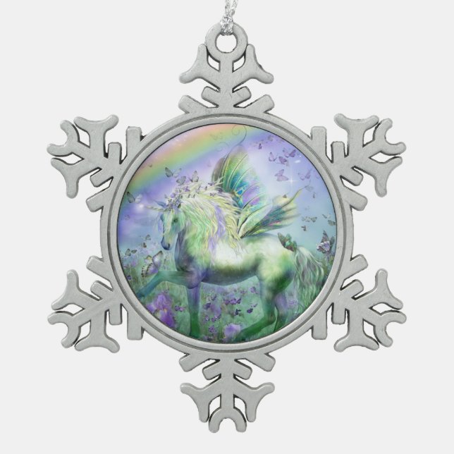 unicorn and butterflies snowflake pewter christmas ornament (Front)
