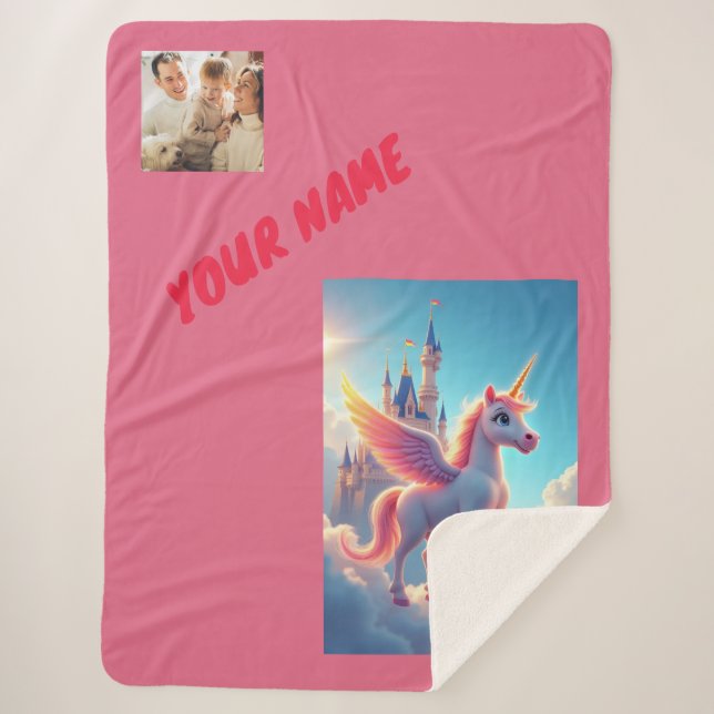 unicorn and castle in pink personalised and photo sherpa blanket (Front)