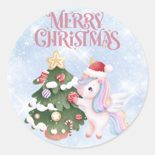 Unicorn And Christmas Tree On  Sparkle Blue Sky Classic Round Sticker