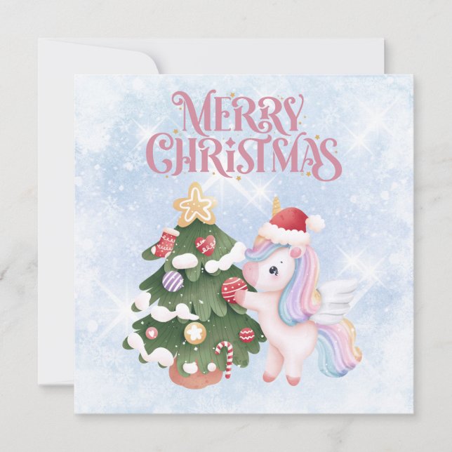 Unicorn And Christmas Tree On  Sparkle Blue Sky Holiday Card (Front)